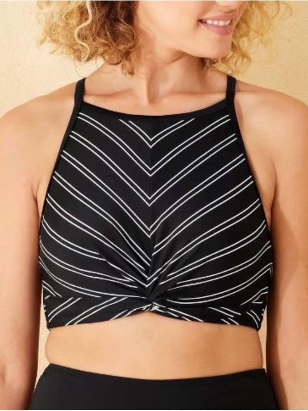 Shade & Shore Women’s Highneck Twist-Front Longline Bikini Top Black Stripe S